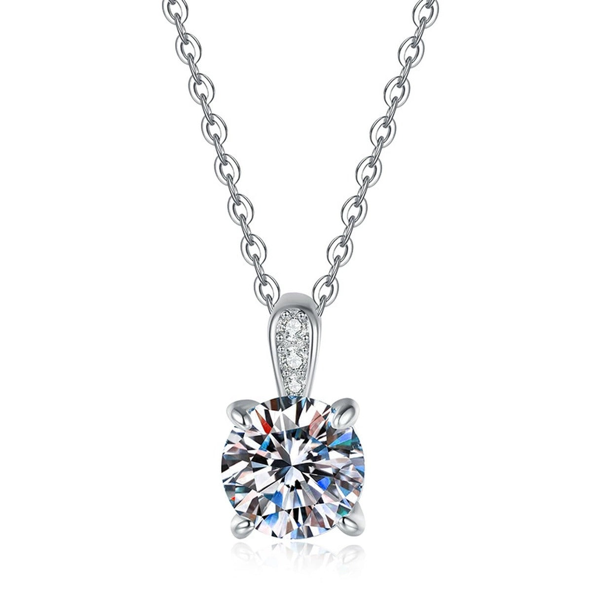 Round Moissanite Pendant Necklace with Cubic Zirconia Bail in S925 Sterling Silver on clean white background showing the round solitaire pendant with a slim cubic zirconia-set bail