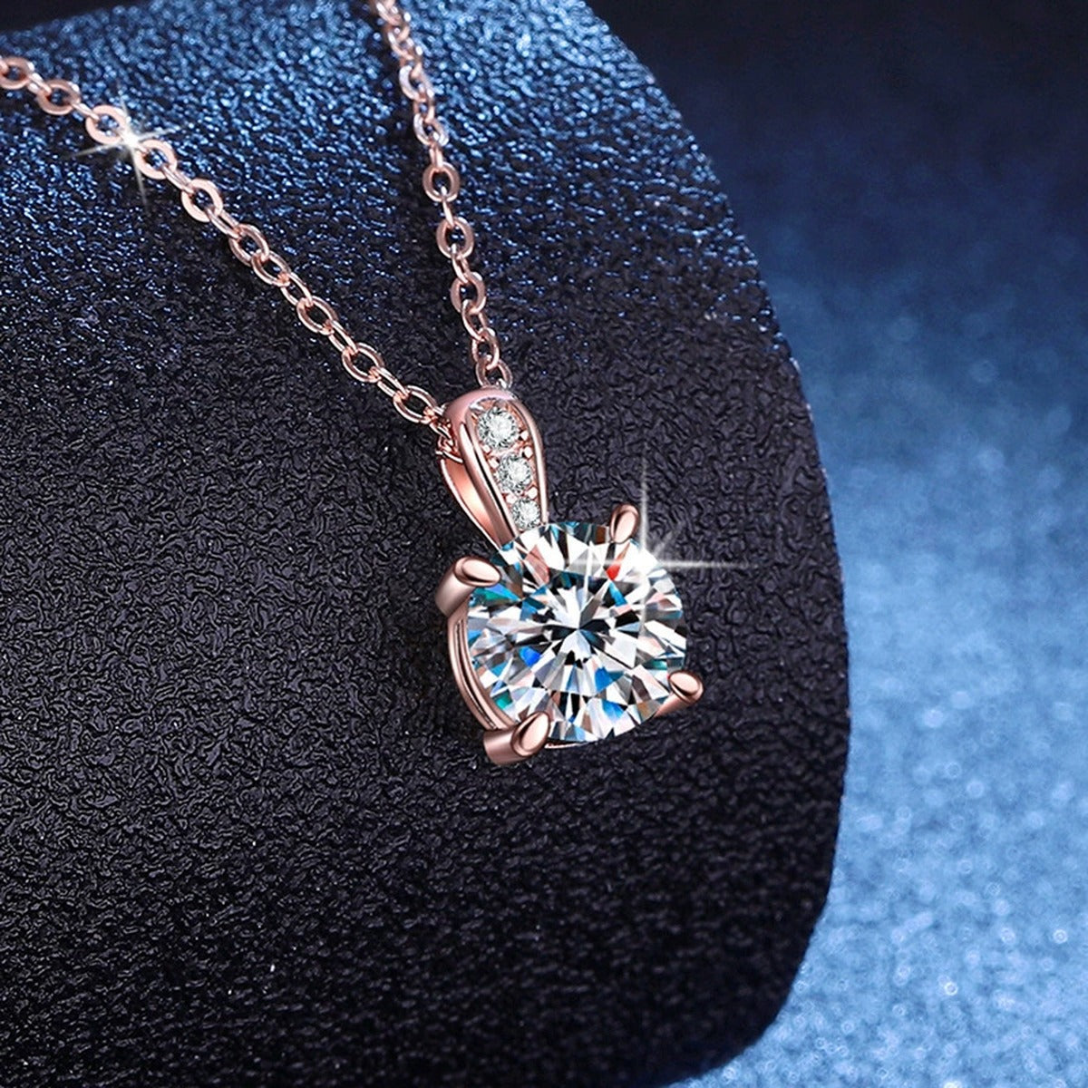 Round Moissanite Pendant Necklace with Cubic Zirconia Bail in S925 Sterling Silver blue background product view