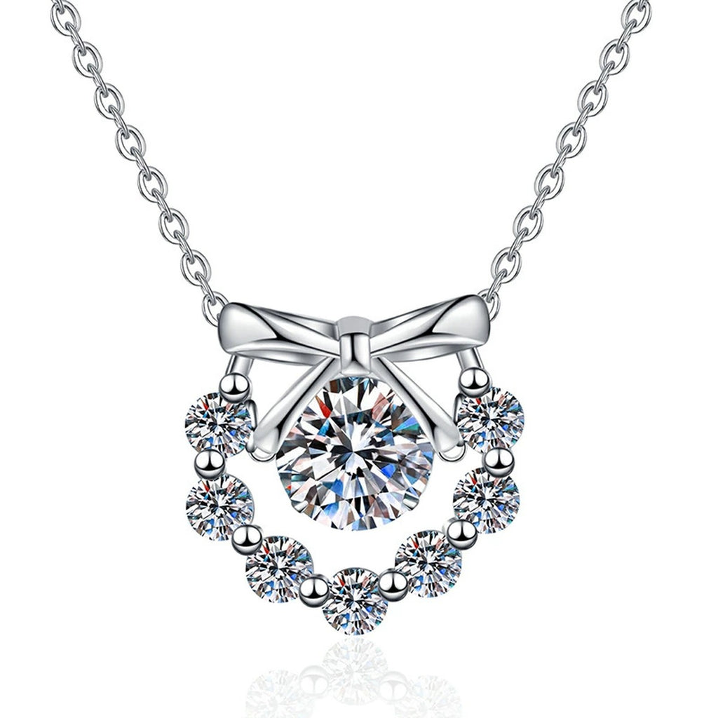 Bow Halo Moissanite Pendant Necklace with Cubic Zirconia in Platinum-Plated S925 Sterling Silver on clean white background showing the bow-topped heart halo pendant