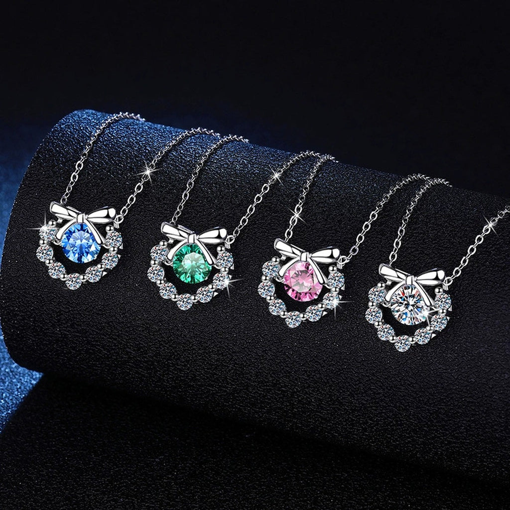 Bow Halo Moissanite Pendant Necklace with Cubic Zirconia in Platinum-Plated S925 Sterling Silver dark background product display view