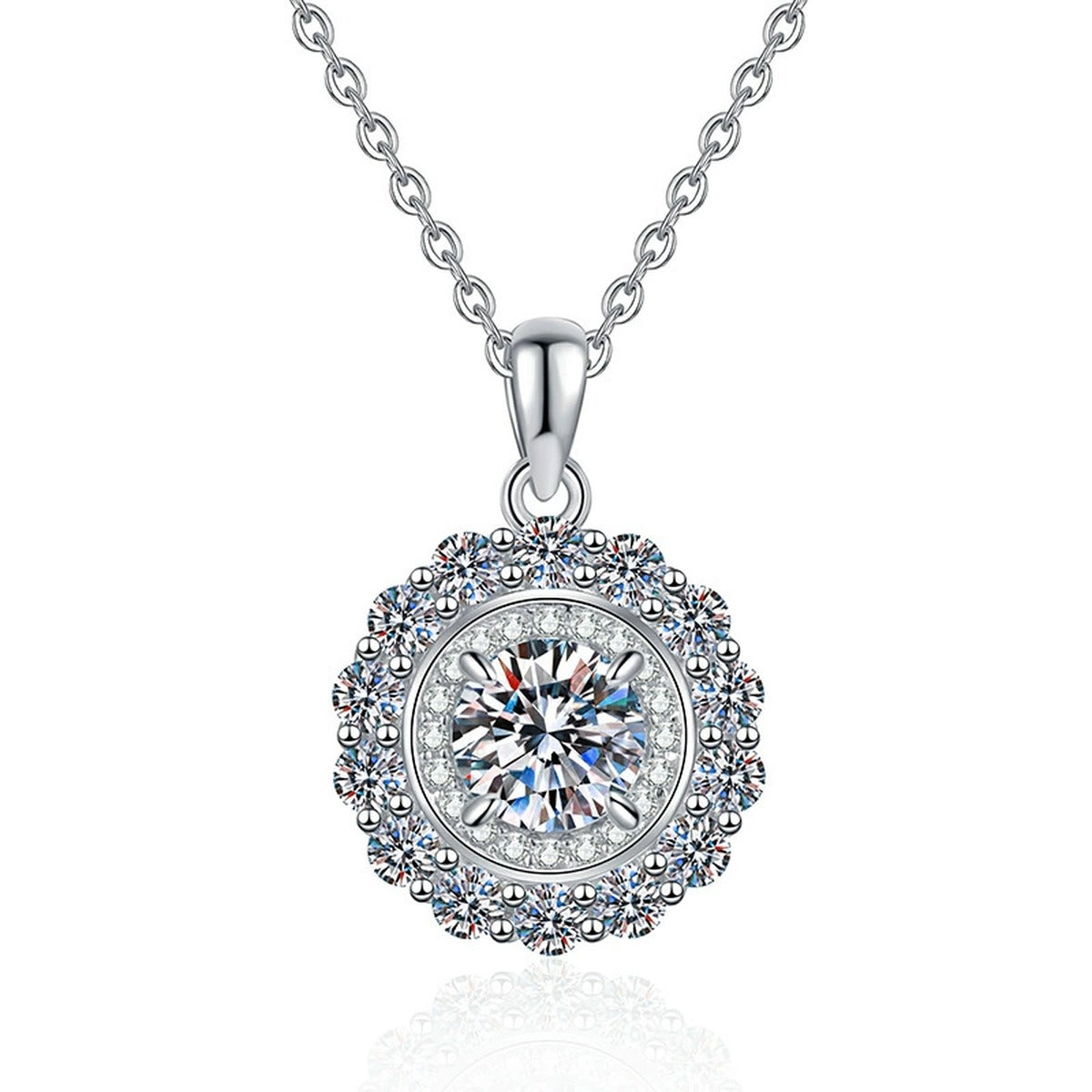 Colored Moissanite Halo Pendant Necklace in Platinum-Plated S925 Sterling Silver on clean white background showing the round halo pendant with a colored moissanite center