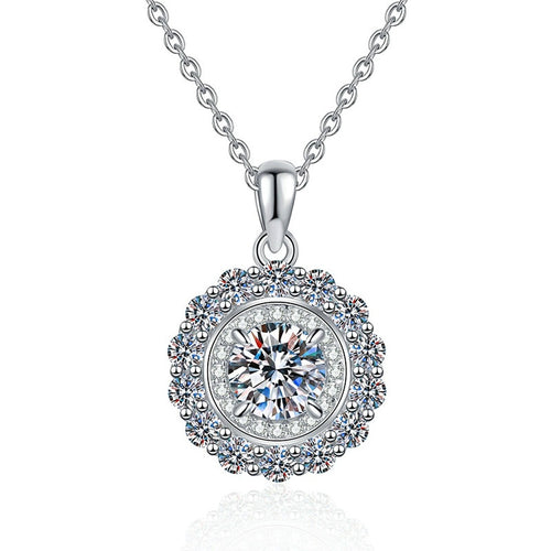 Colored Moissanite Halo Pendant Necklace in Platinum-Plated S925 Sterling Silver on clean white background showing the round halo pendant with a colored moissanite center