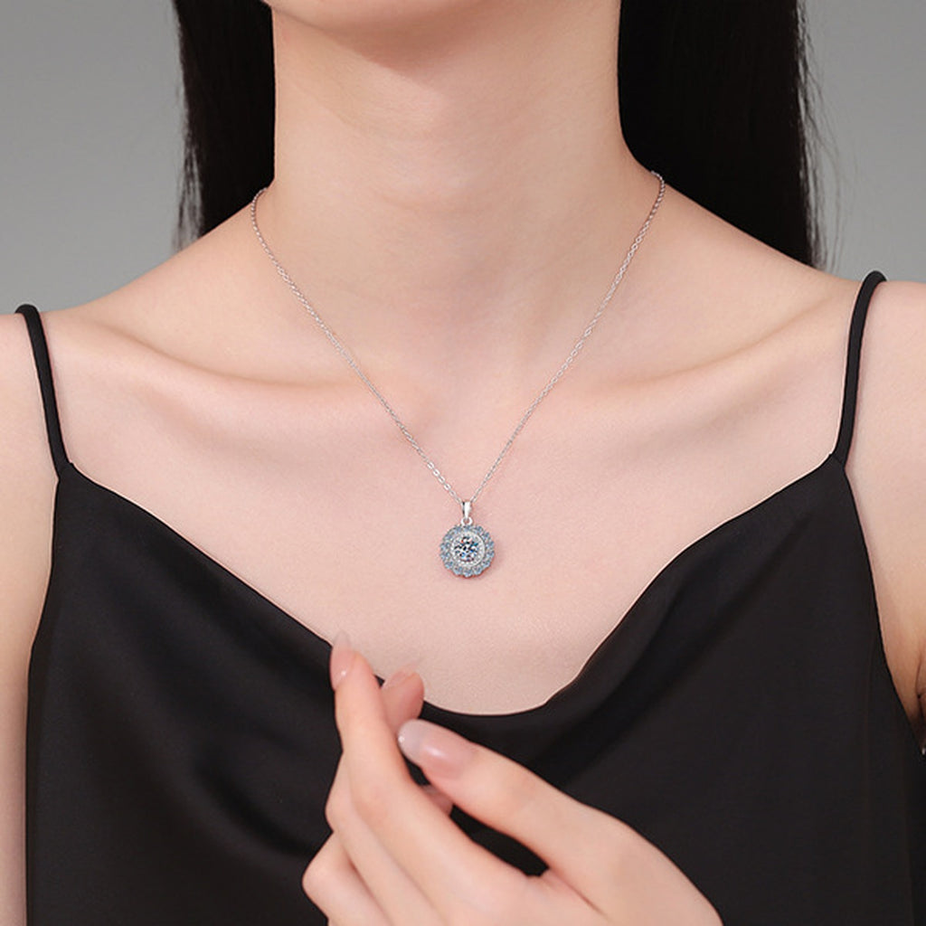 Colored Moissanite Halo Pendant Necklace in Platinum-Plated S925 Sterling Silver worn on neckline by model