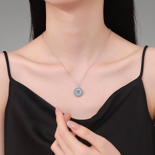 Colored Moissanite Halo Pendant Necklace in Platinum-Plated S925 Sterling Silver worn on neckline by model