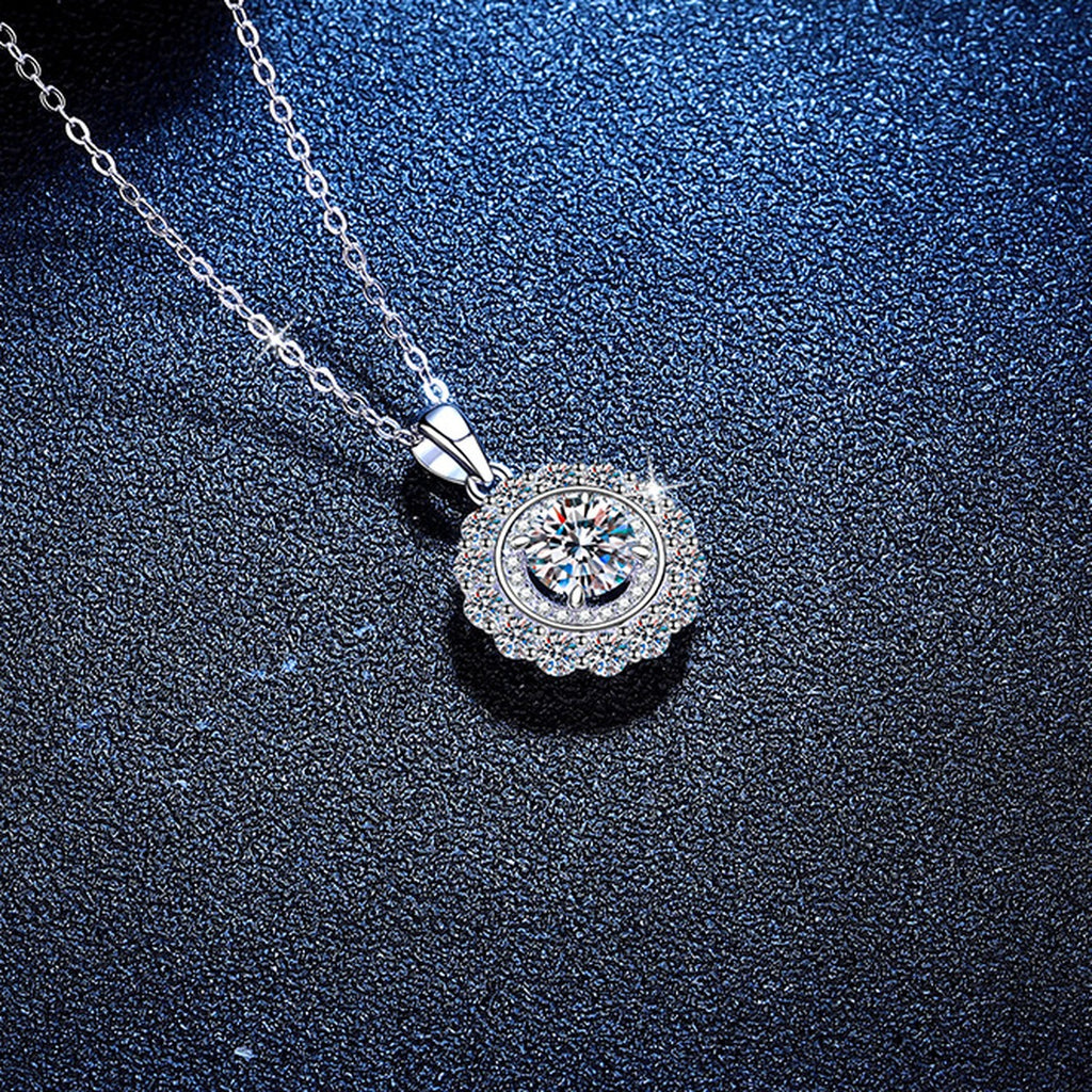 Colored Moissanite Halo Pendant Necklace in Platinum-Plated S925 Sterling Silver blue background product view