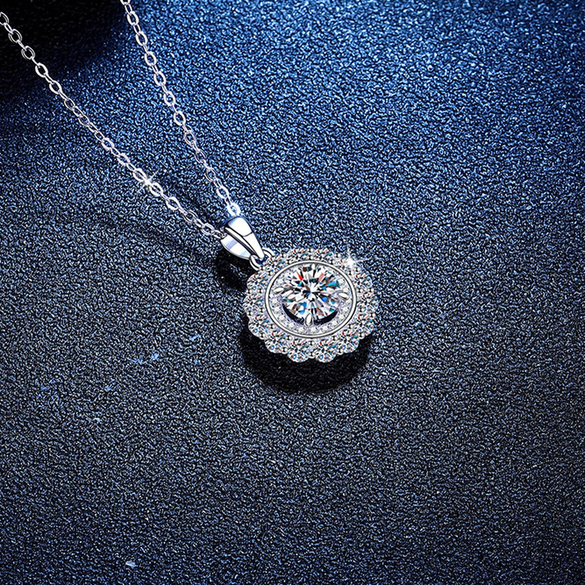 Colored Moissanite Halo Pendant Necklace in Platinum-Plated S925 Sterling Silver blue background product view