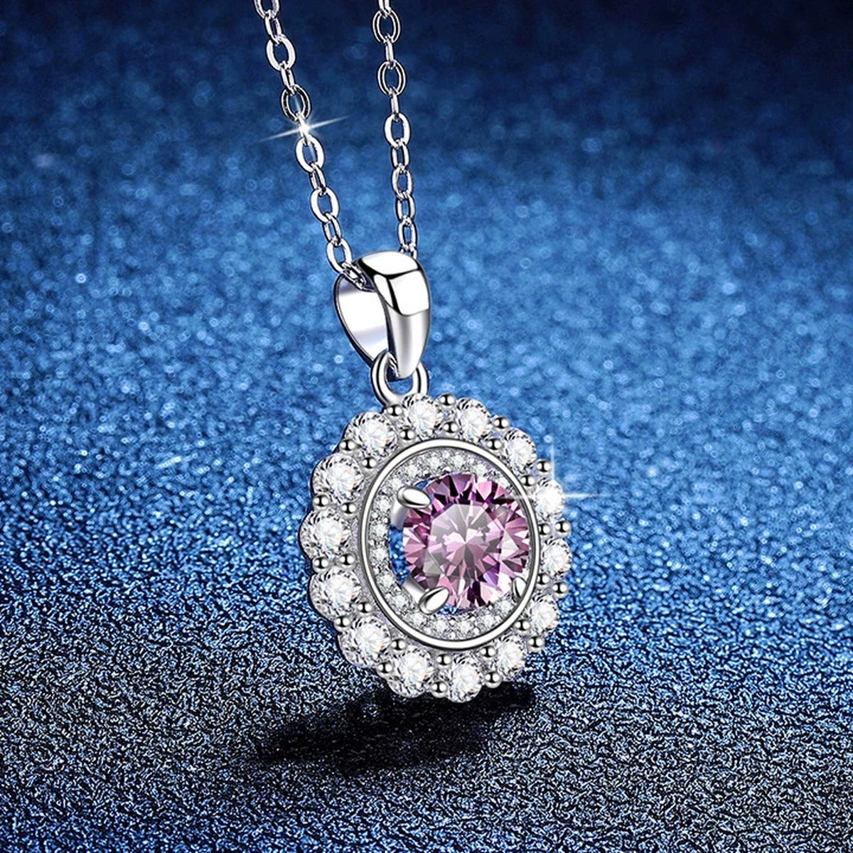 Colored Moissanite Halo Pendant Necklace in Platinum-Plated S925 Sterling Silver blue background styling view
