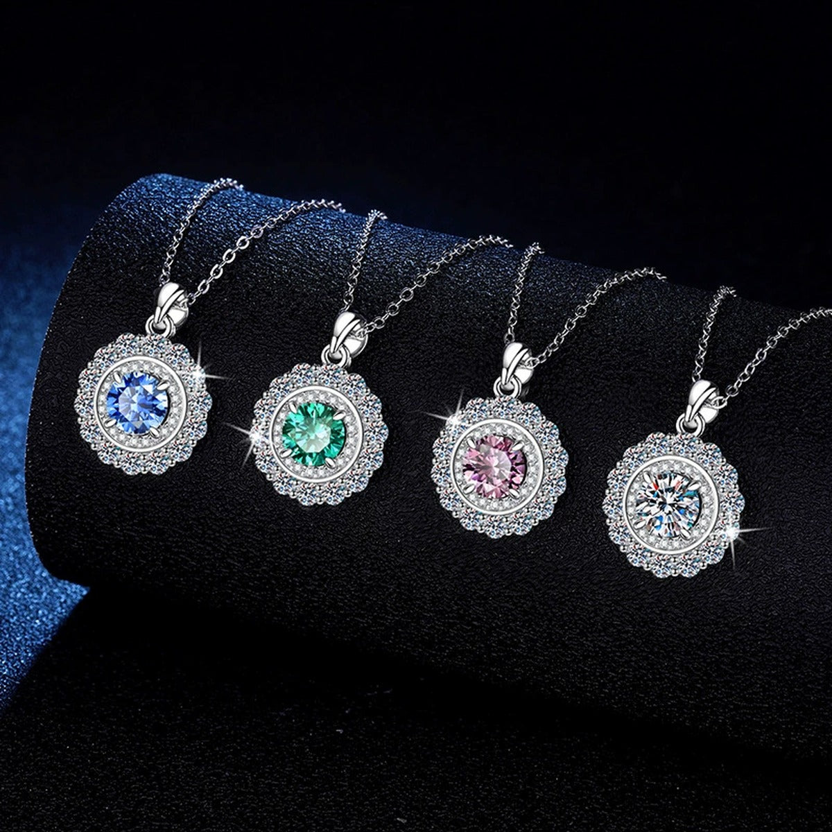 Colored Moissanite Halo Pendant Necklace in Platinum-Plated S925 Sterling Silver dark background product display view