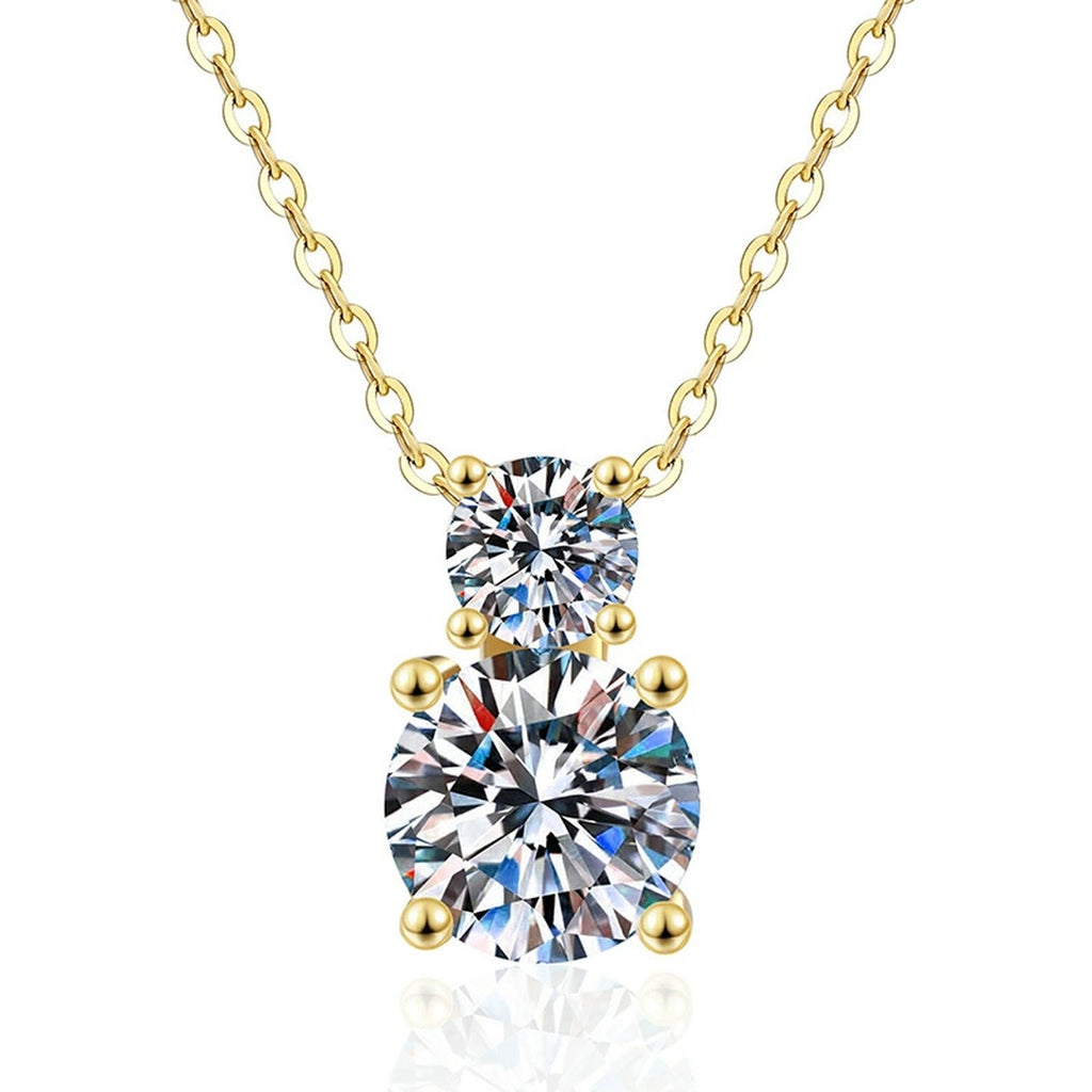 Two-Stone Drop Moissanite Pendant Necklace with Cubic Zirconia in 14K Yellow Gold-Plated S925 Sterling Silver on clean white background showing the vertical two-stone drop pendant