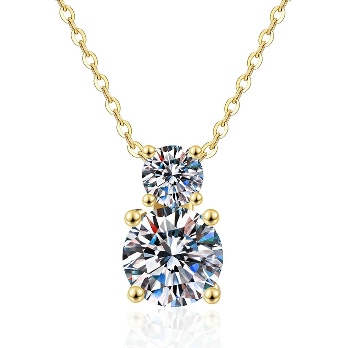 Two-Stone Drop Moissanite Pendant Necklace with Cubic Zirconia in 14K Yellow Gold-Plated S925 Sterling Silver on clean white background showing the vertical two-stone drop pendant