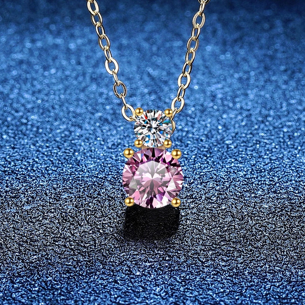 Two-Stone Drop Moissanite Pendant Necklace with Cubic Zirconia in 14K Yellow Gold-Plated S925 Sterling Silver blue background product view