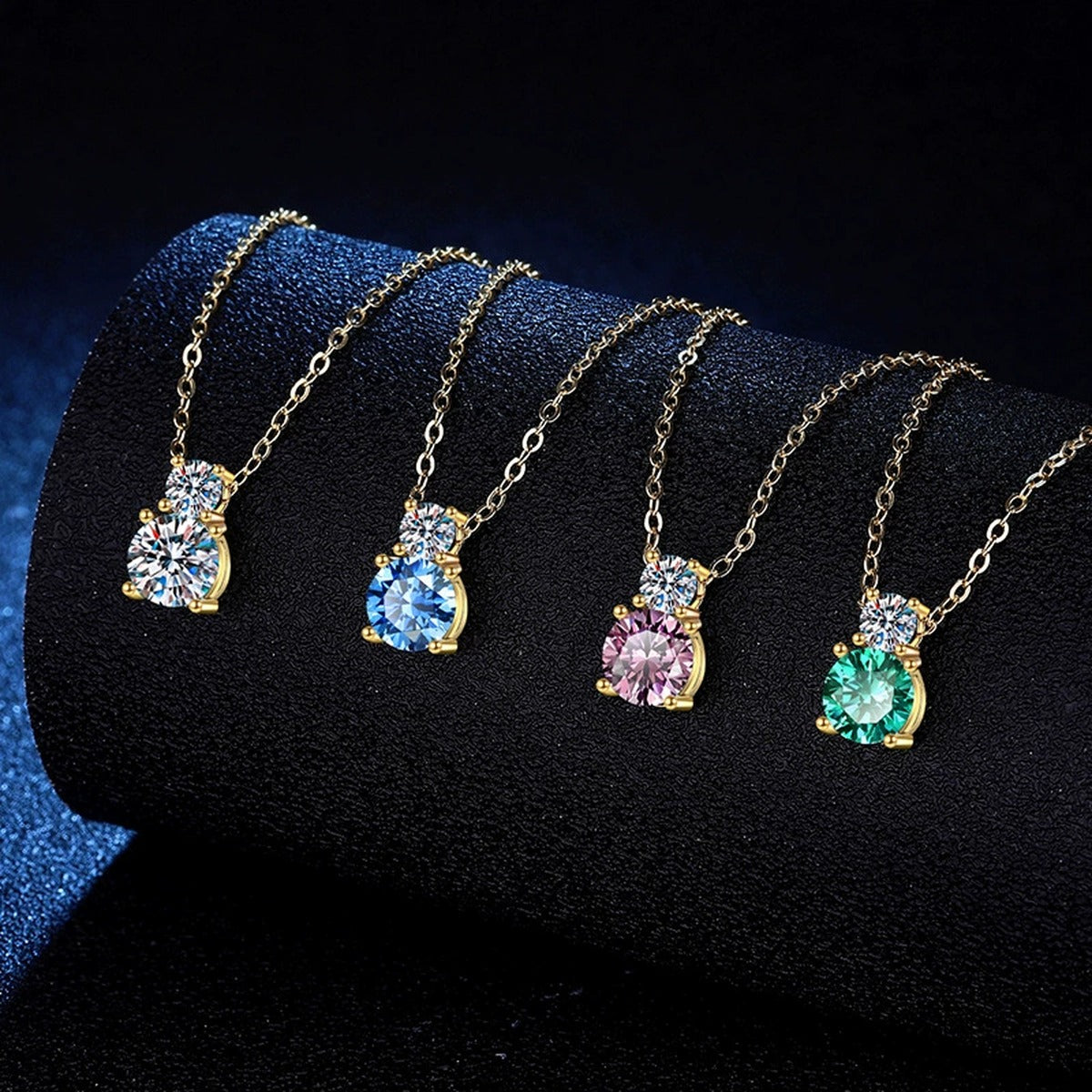 Two-Stone Drop Moissanite Pendant Necklace with Cubic Zirconia in 14K Yellow Gold-Plated S925 Sterling Silver dark background product display view