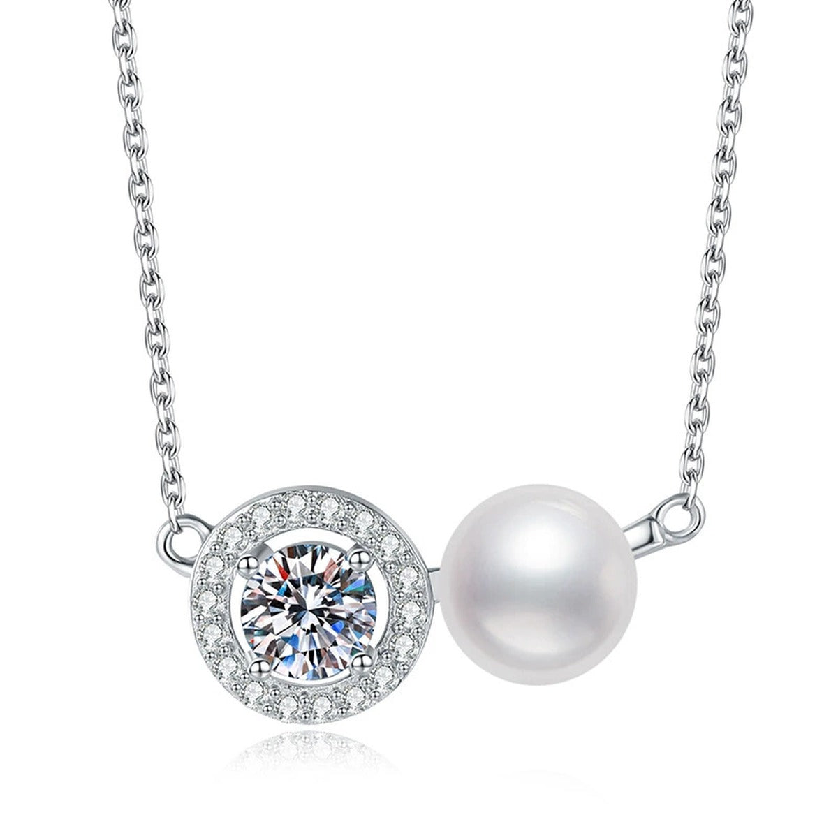 Two-Stone Moissanite Freshwater Pearl Pendant Necklace with Cubic Zirconia in White Gold-Plated S925 Sterling Silver on clean white background showing the two-stone pendant with a freshwater pearl drop