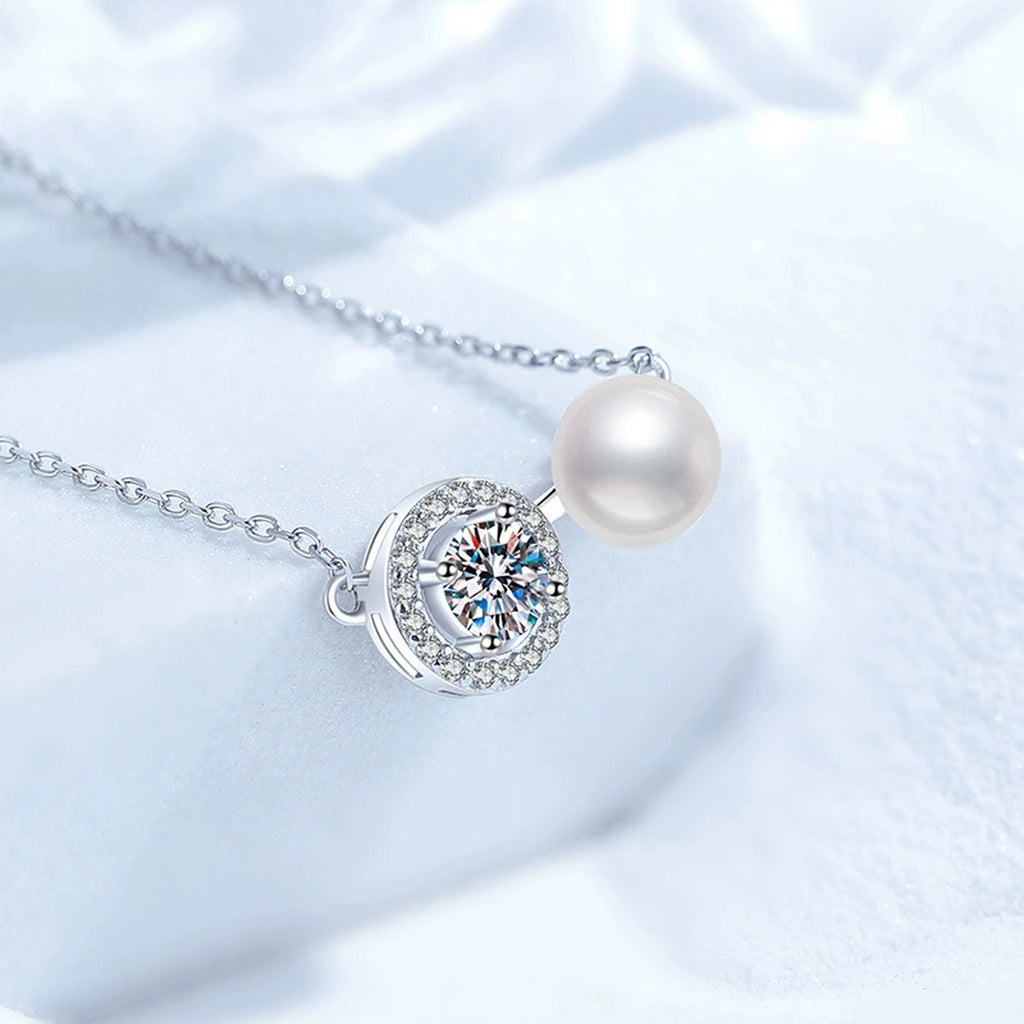Two-Stone Moissanite Freshwater Pearl Pendant Necklace with Cubic Zirconia in White Gold-Plated S925 Sterling Silver close-up product detail view