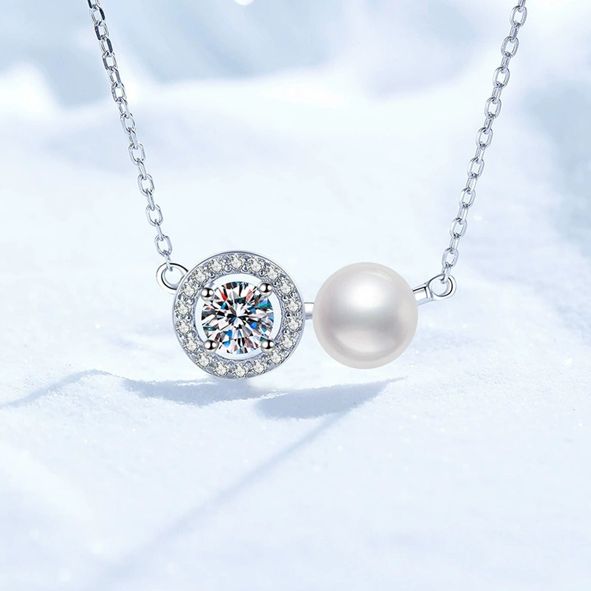 Two-Stone Moissanite Freshwater Pearl Pendant Necklace with Cubic Zirconia in White Gold-Plated S925 Sterling Silver close-up product detail view