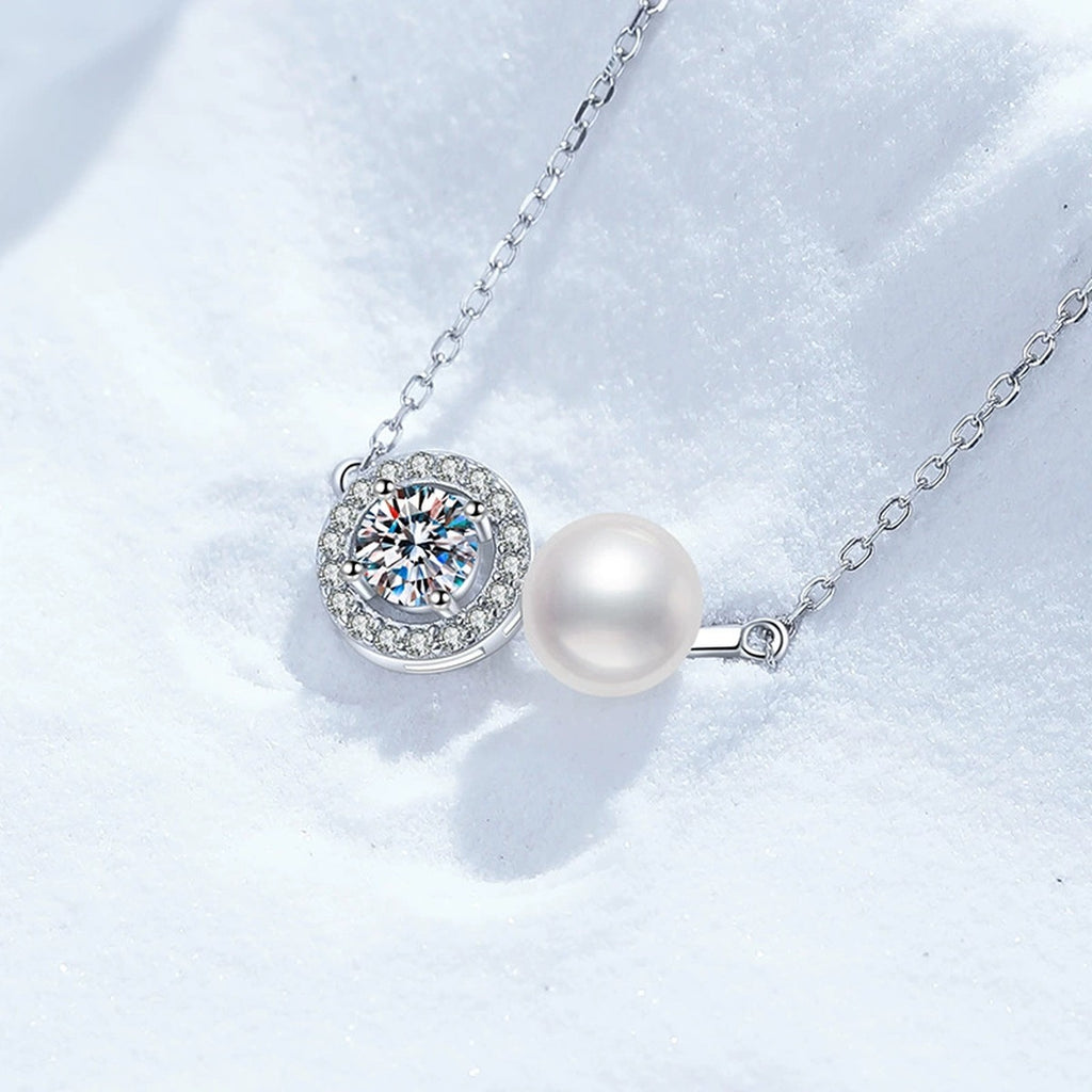 Two-Stone Moissanite Freshwater Pearl Pendant Necklace with Cubic Zirconia in White Gold-Plated S925 Sterling Silver close-up product detail view