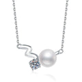 Wave Moissanite Freshwater Pearl Pendant Necklace in White Gold-Plated S925 Sterling Silver on clean white background showing the wave-shaped pendant with a freshwater pearl and moissanite accent