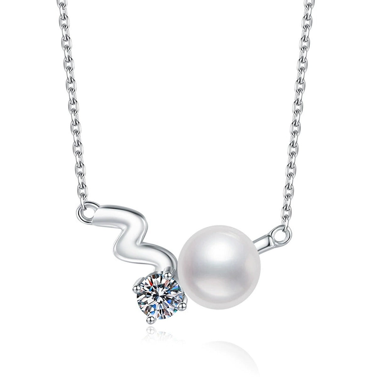 Wave Moissanite Freshwater Pearl Pendant Necklace in White Gold-Plated S925 Sterling Silver on clean white background showing the wave-shaped pendant with a freshwater pearl and moissanite accent