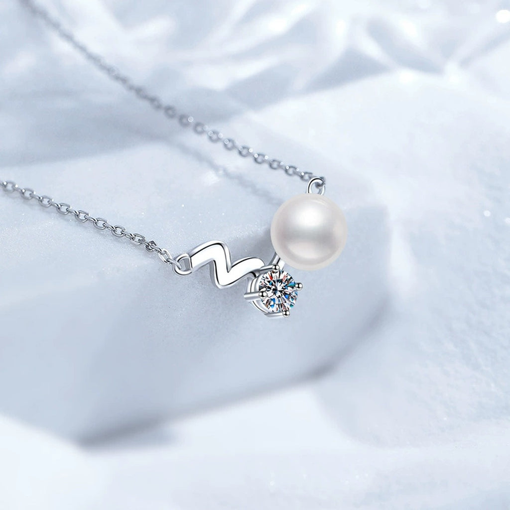 Wave Moissanite Freshwater Pearl Pendant Necklace in White Gold-Plated S925 Sterling Silver close-up product detail view