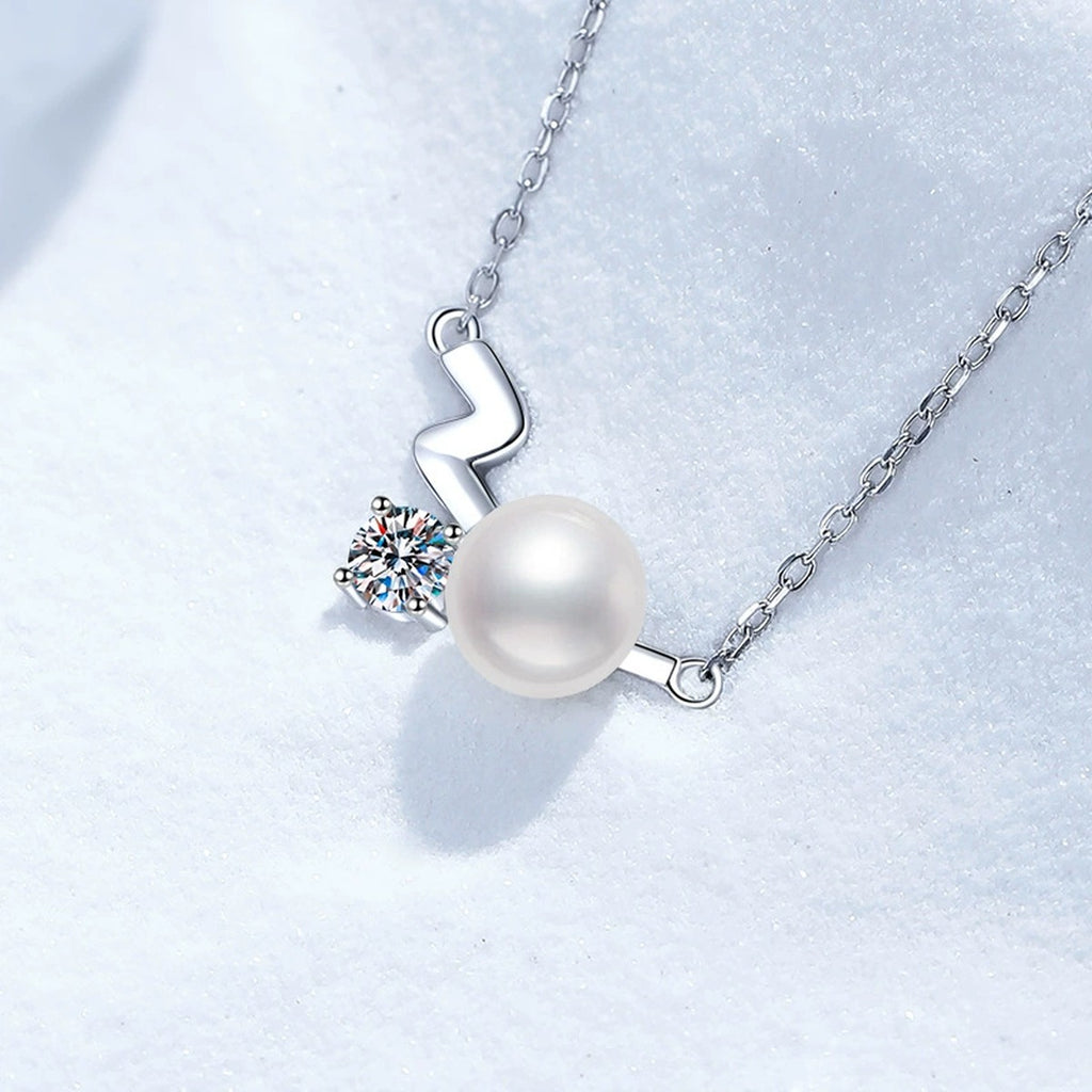 Wave Moissanite Freshwater Pearl Pendant Necklace in White Gold-Plated S925 Sterling Silver close-up product detail view