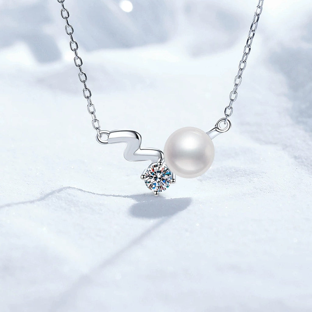 Wave Moissanite Freshwater Pearl Pendant Necklace in White Gold-Plated S925 Sterling Silver close-up product detail view