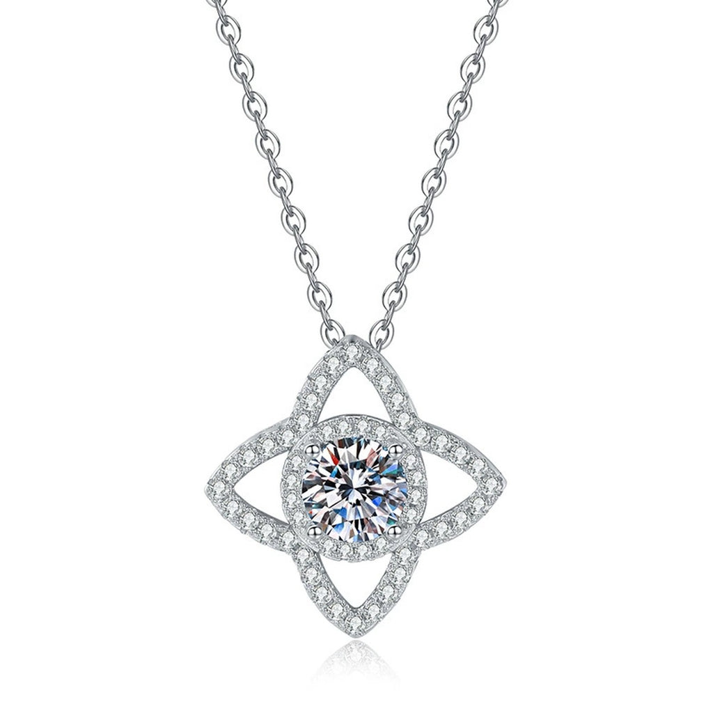 Four-Petal Halo Moissanite Pendant Necklace with Cubic Zirconia in Platinum-Plated S925 Sterling Silver on clean white background showing the four-petal open halo pendant with a round center stone