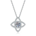 Four-Petal Halo Moissanite Pendant Necklace with Cubic Zirconia in Platinum-Plated S925 Sterling Silver on clean white background showing the four-petal open halo pendant with a round center stone
