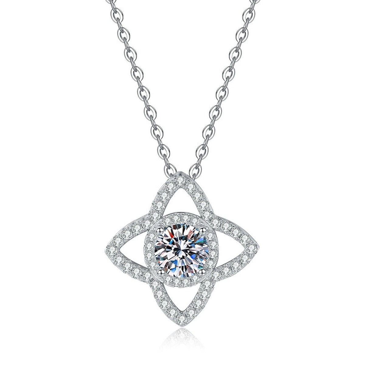 Four-Petal Halo Moissanite Pendant Necklace with Cubic Zirconia in Platinum-Plated S925 Sterling Silver on clean white background showing the four-petal open halo pendant with a round center stone