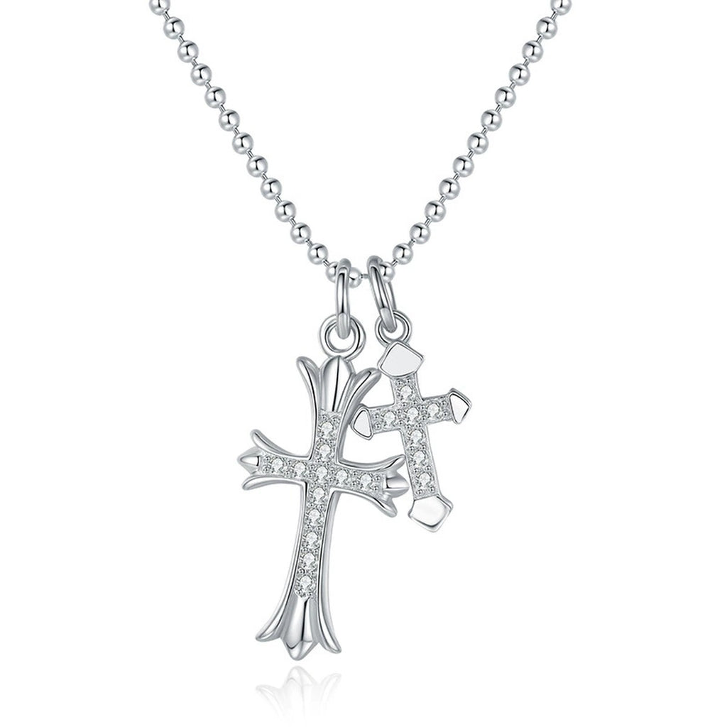 Cross Moissanite Pendant Necklace in Platinum-Plated S925 Sterling Silver on clean white background showing the cross pendant with petite round moissanite accents