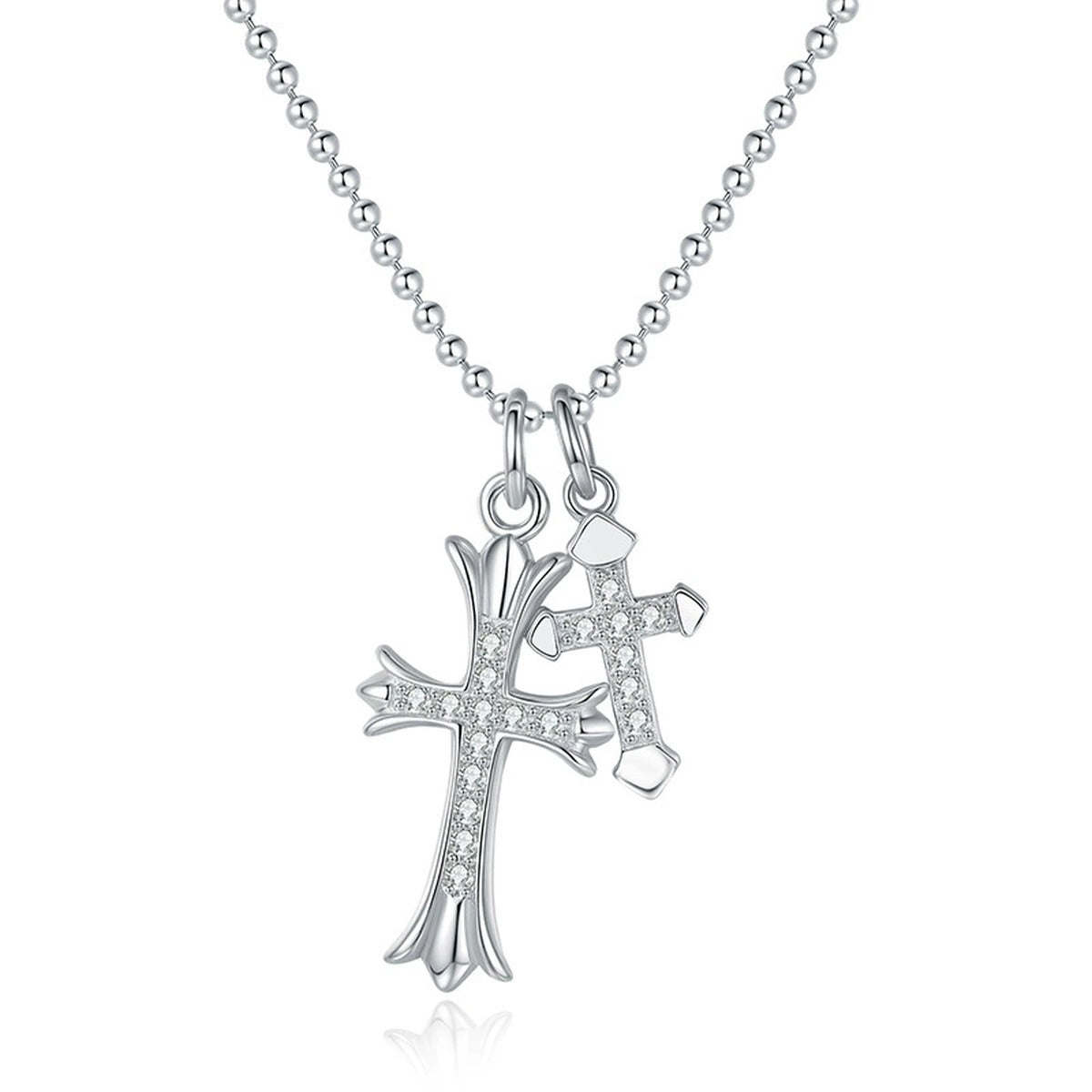 Cross Moissanite Pendant Necklace in Platinum-Plated S925 Sterling Silver on clean white background showing the cross pendant with petite round moissanite accents