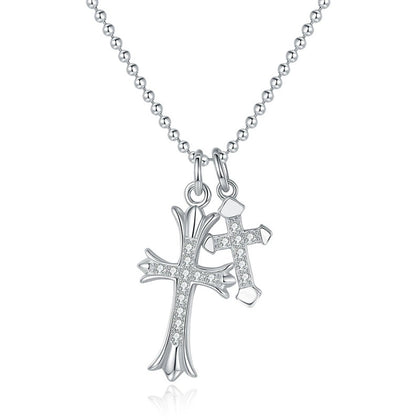 Cross Moissanite Pendant Necklace in Platinum-Plated S925 Sterling Silver on clean white background showing the cross pendant with petite round moissanite accents