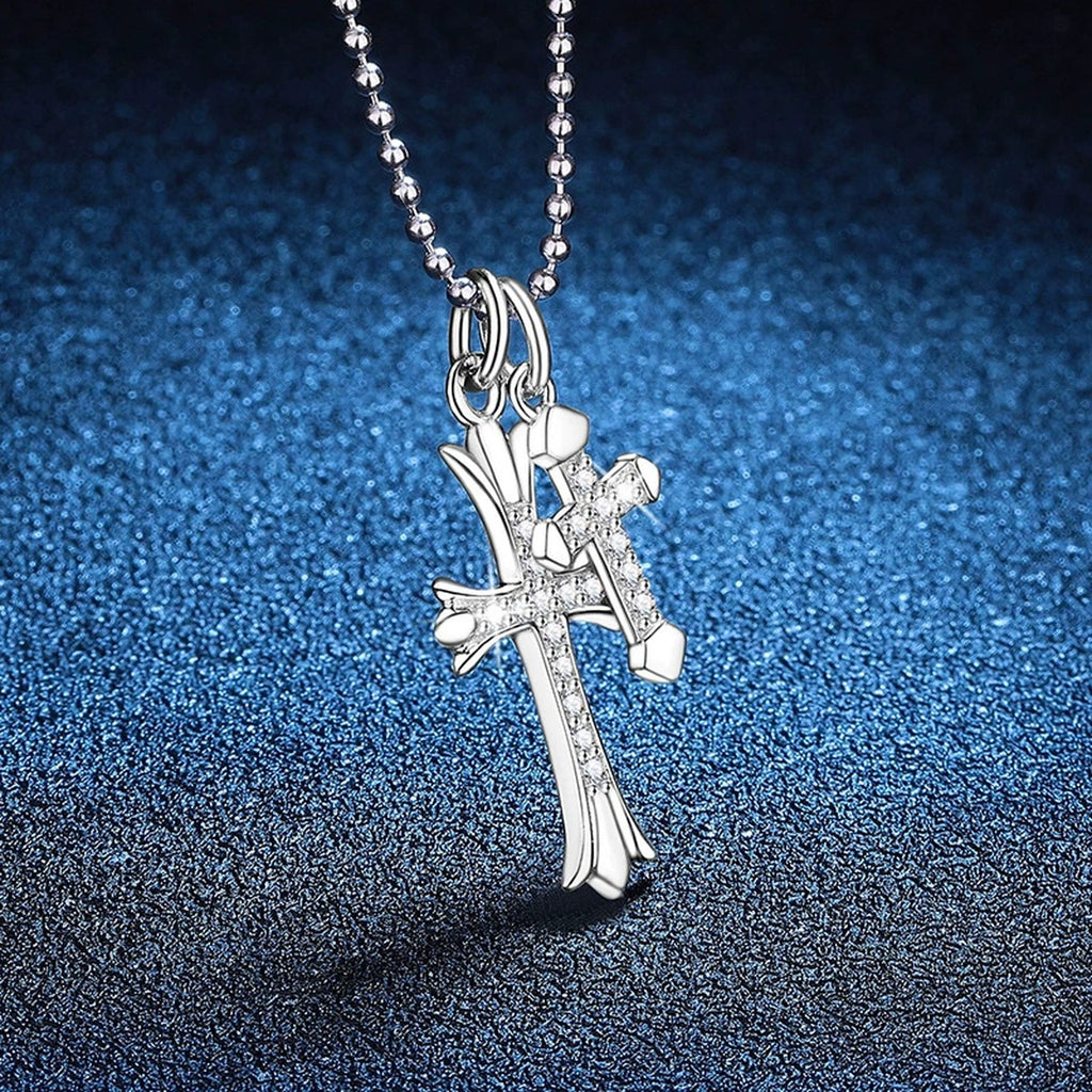 Cross Moissanite Pendant Necklace in Platinum-Plated S925 Sterling Silver blue background product view