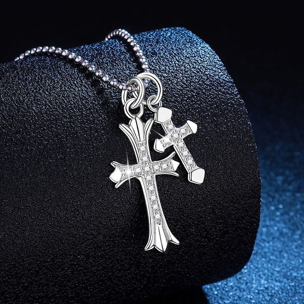Cross Moissanite Pendant Necklace in Platinum-Plated S925 Sterling Silver dark background product display view
