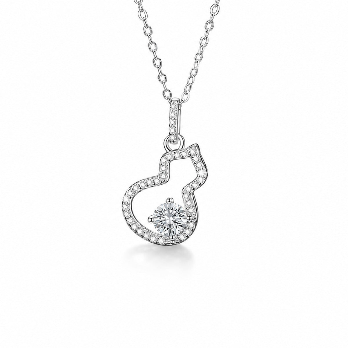 Open Heart Moissanite Pendant Necklace with Cubic Zirconia in Platinum-Plated S925 Sterling Silver on clean white background showing the open heart pendant with a lower round moissanite