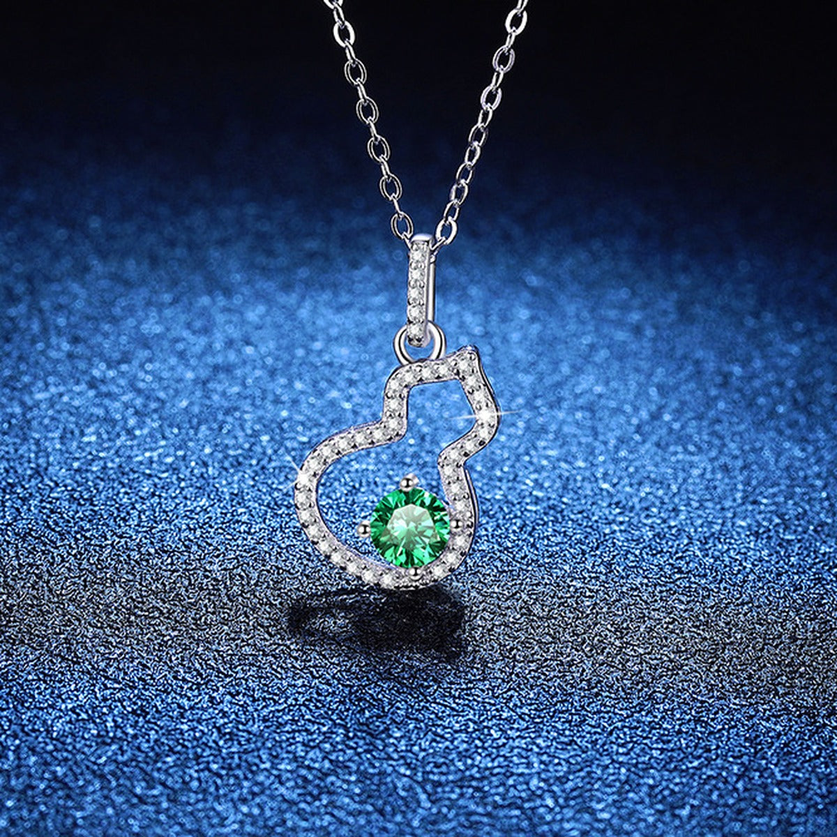 Open Heart Moissanite Pendant Necklace with Cubic Zirconia in Platinum-Plated S925 Sterling Silver blue background product view