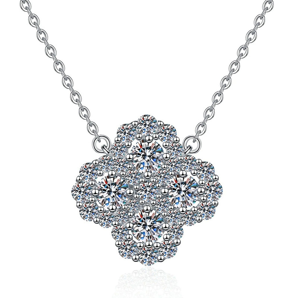 Four-Leaf Clover Moissanite Pendant Necklace with Cubic Zirconia in Platinum-Plated S925 Sterling Silver on clean white background showing the four-leaf clover pendant set with clustered stones
