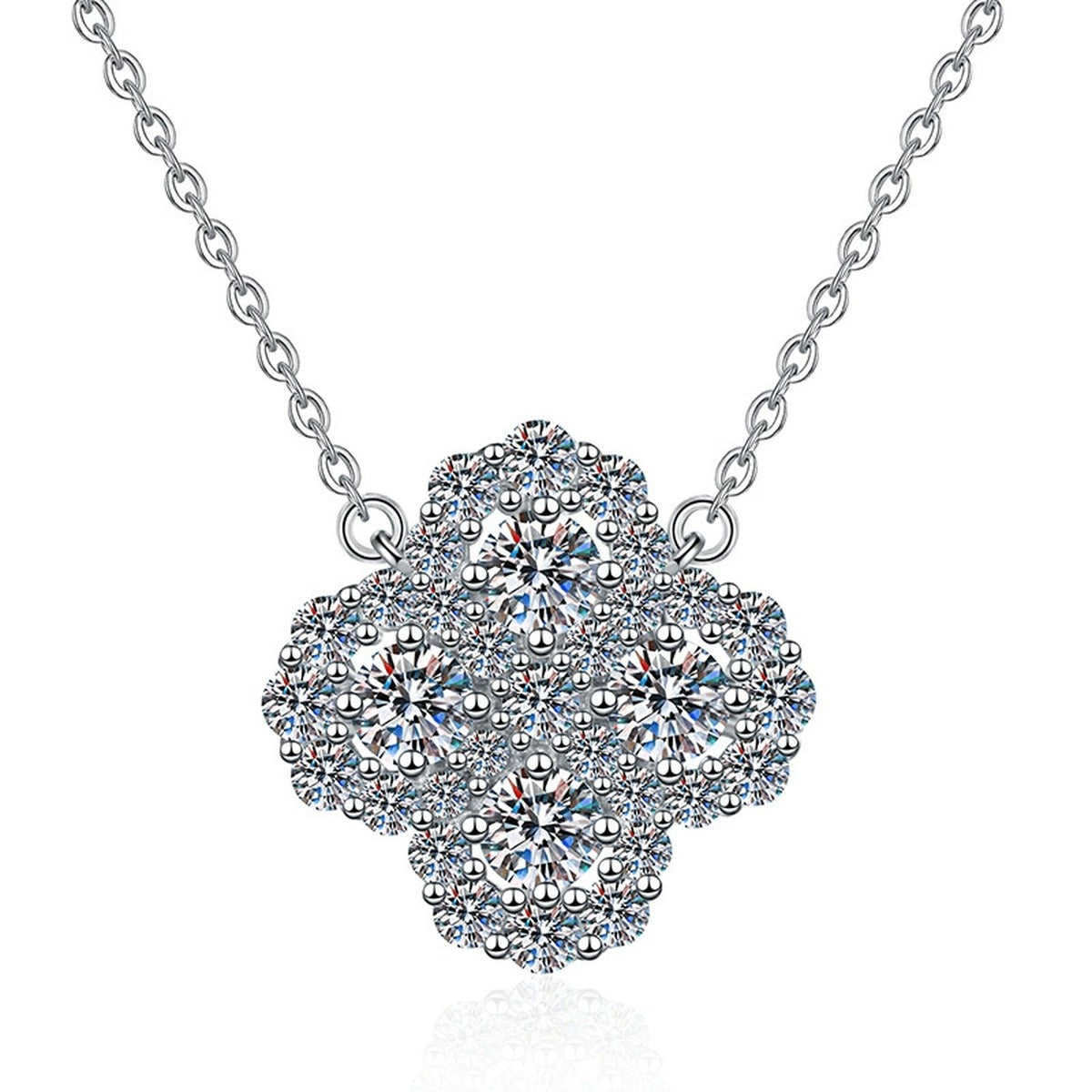Four-Leaf Clover Moissanite Pendant Necklace with Cubic Zirconia in Platinum-Plated S925 Sterling Silver on clean white background showing the four-leaf clover pendant set with clustered stones