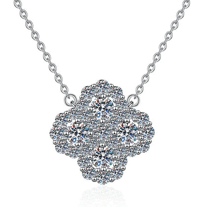 Four-Leaf Clover Moissanite Pendant Necklace with Cubic Zirconia in Platinum-Plated S925 Sterling Silver on clean white background showing the four-leaf clover pendant set with clustered stones