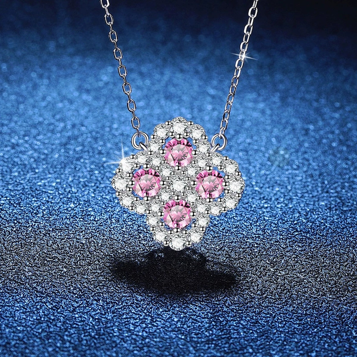 Four-Leaf Clover Moissanite Pendant Necklace with Cubic Zirconia in Platinum-Plated S925 Sterling Silver blue background product view