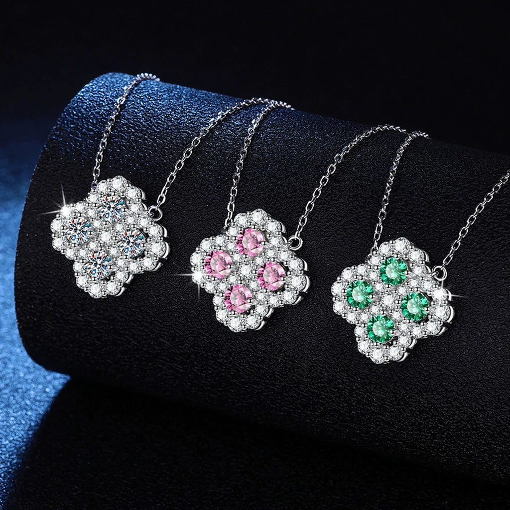 Four-Leaf Clover Moissanite Pendant Necklace with Cubic Zirconia in Platinum-Plated S925 Sterling Silver dark background product display view