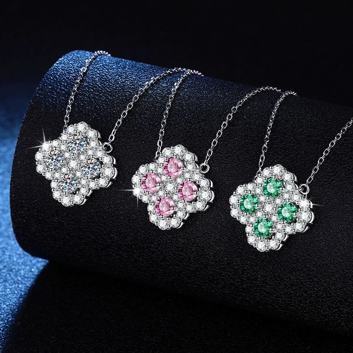 Four-Leaf Clover Moissanite Pendant Necklace with Cubic Zirconia in Platinum-Plated S925 Sterling Silver dark background product display view