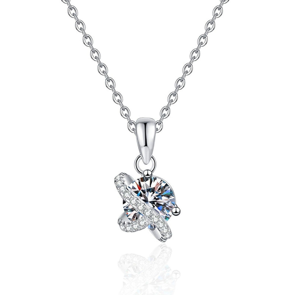 Butterfly Moissanite Pendant Necklace with Cubic Zirconia in Platinum-Plated S925 Sterling Silver on clean white background showing the butterfly pendant with a tilted round center stone