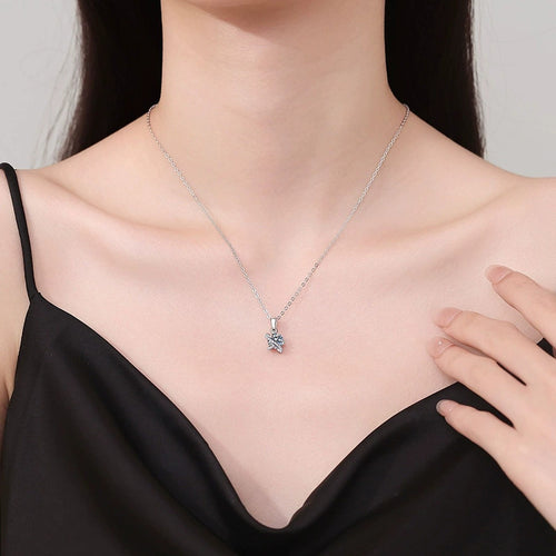 Butterfly Moissanite Pendant Necklace with Cubic Zirconia in Platinum-Plated S925 Sterling Silver worn on neckline by model