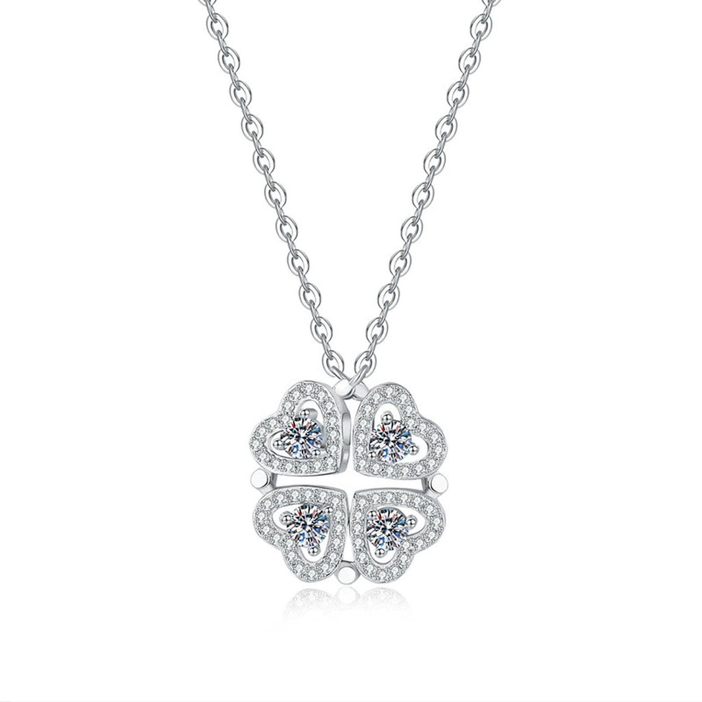 Four-Heart Clover Moissanite Pendant Necklace with Cubic Zirconia in Platinum-Plated S925 Sterling Silver on clean white background showing the four-heart clover pendant with petite round stones