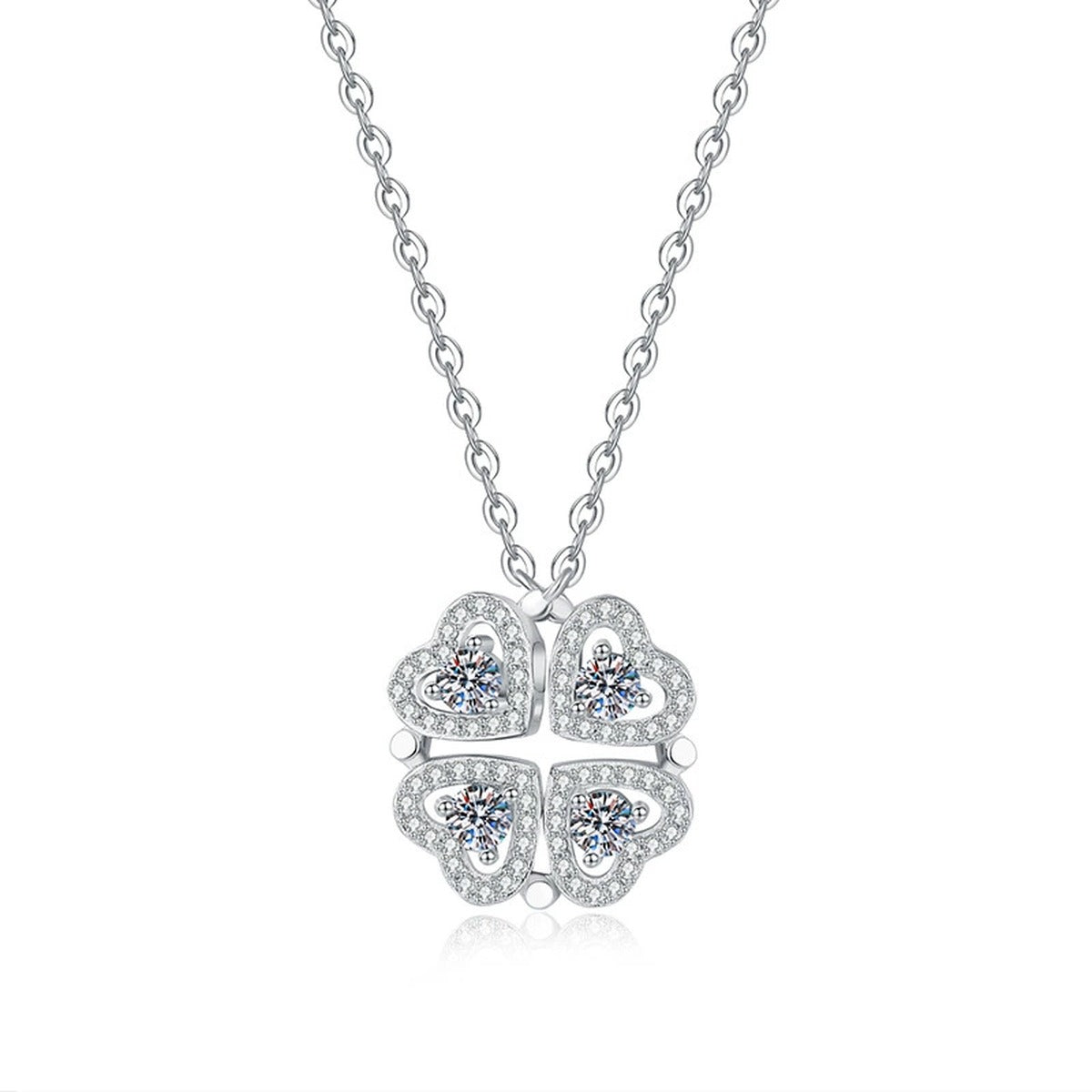 Four-Heart Clover Moissanite Pendant Necklace with Cubic Zirconia in Platinum-Plated S925 Sterling Silver on clean white background showing the four-heart clover pendant with petite round stones