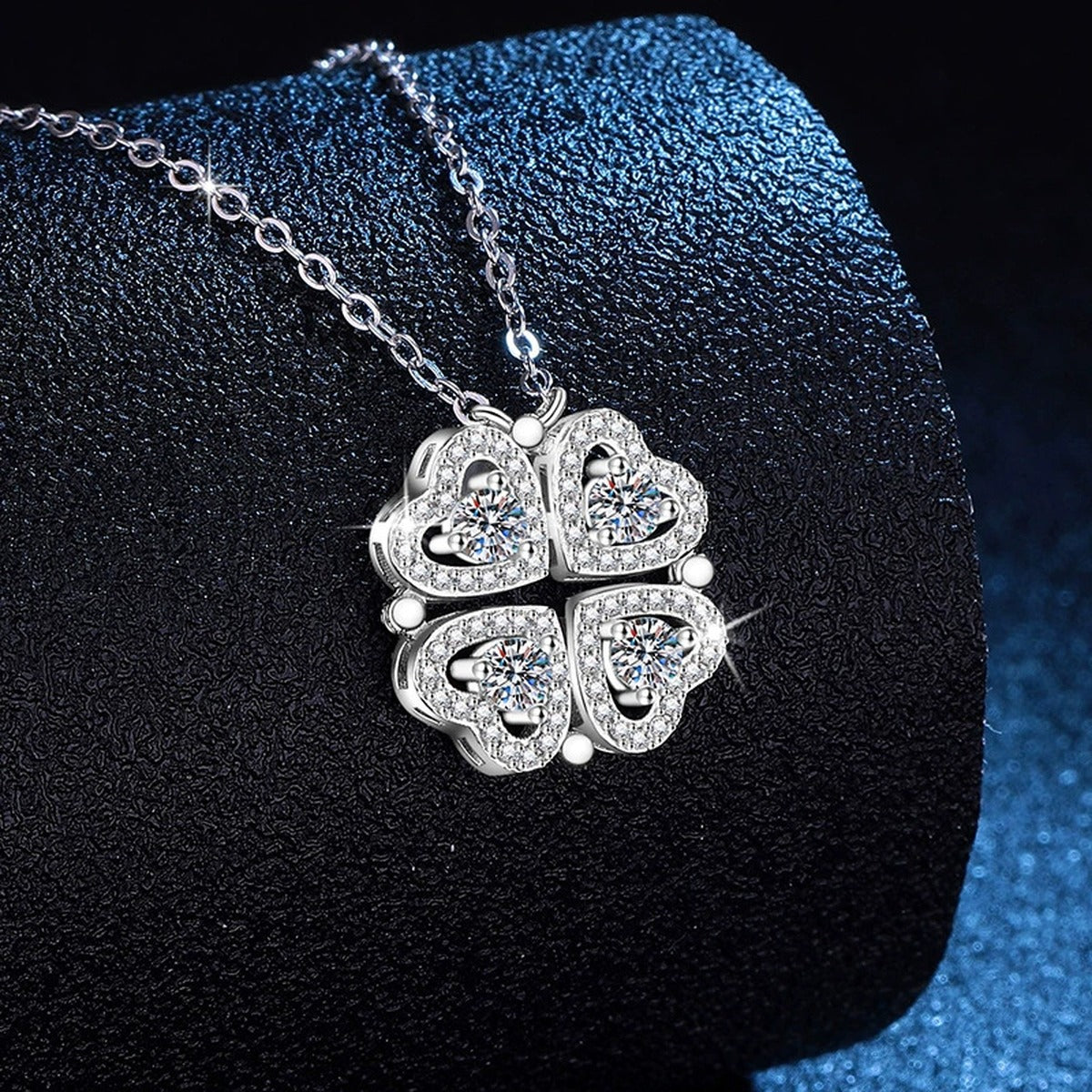 Four-Heart Clover Moissanite Pendant Necklace with Cubic Zirconia in Platinum-Plated S925 Sterling Silver dark background product display view