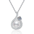 Pear Halo Moissanite Freshwater Pearl Pendant Necklace with Cubic Zirconia in White Gold-Plated S925 Sterling Silver on clean white background showing the pear-shaped halo pendant with a freshwater pearl drop