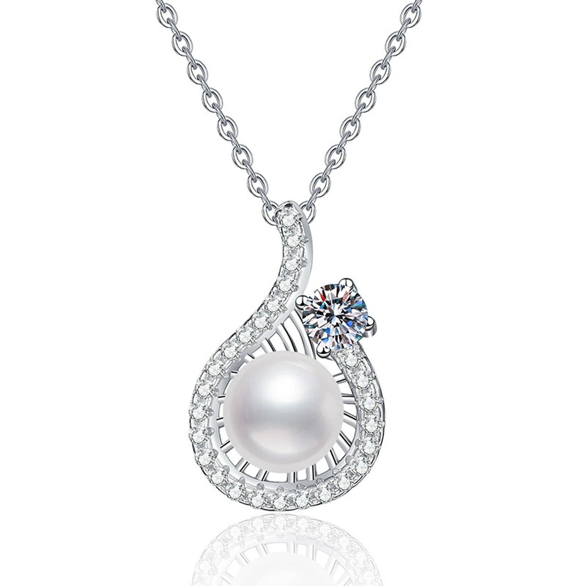 Pear Halo Moissanite Freshwater Pearl Pendant Necklace with Cubic Zirconia in White Gold-Plated S925 Sterling Silver on clean white background showing the pear-shaped halo pendant with a freshwater pearl drop