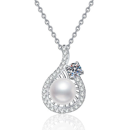 Pear Halo Moissanite Freshwater Pearl Pendant Necklace with Cubic Zirconia in White Gold-Plated S925 Sterling Silver on clean white background showing the pear-shaped halo pendant with a freshwater pearl drop