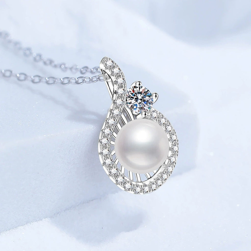 Pear Halo Moissanite Freshwater Pearl Pendant Necklace with Cubic Zirconia in White Gold-Plated S925 Sterling Silver close-up product detail view